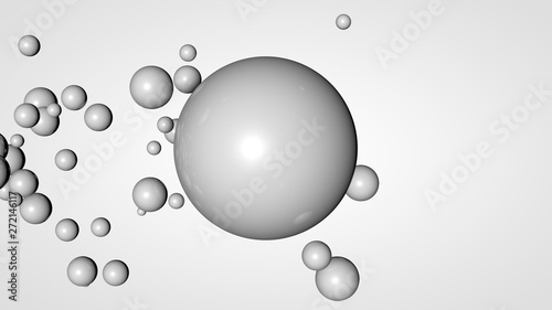 3D rendering of many small balls in the space surrounding a large white ball. The idea of interaction. Futuristic, abstract composition for the background. Image isolated on white background.
