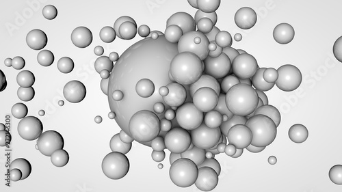 3D rendering of many small balls in the space surrounding a large white ball. The idea of interaction. Futuristic, abstract composition for the background. Image isolated on white background.