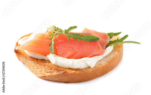 Tasty bruschetta with salmon and arugula on white background