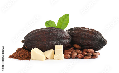 Composition with cocoa products on white background