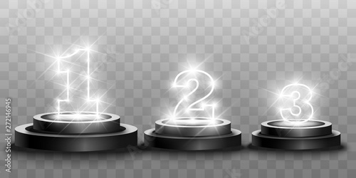Winner background with signs of first, second and third place on a round pedestal. Vector winner podium sports symbols. 
