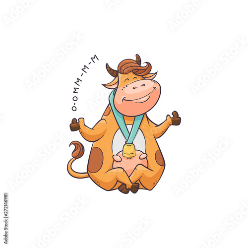 Cartoon cow practicing meditation, funny animal sitting and smiling with eyes closed