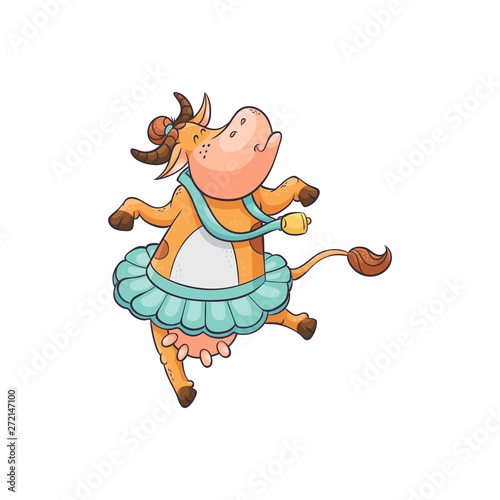 Cute and funny cartoon farm cow with a bell dancing ballet in a tutu, animal character.