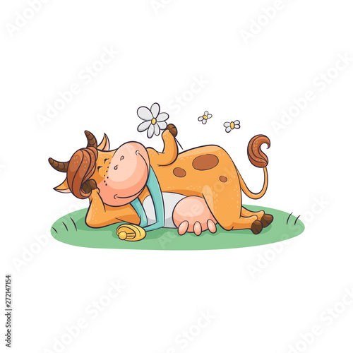 Cute and funny cartoon farm cow with a bell and udder resting and lying on a meadow.