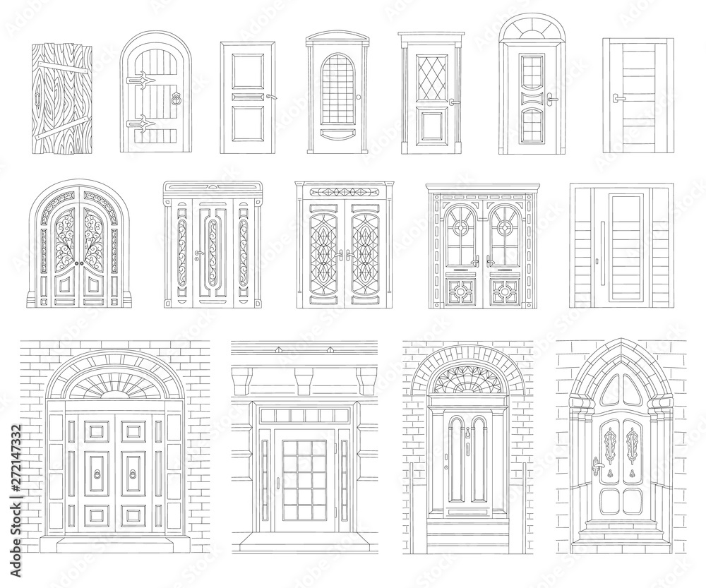 A set of drawn vintage and modern doors of houses and buildings with a black outline.