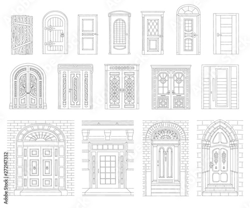 A set of drawn vintage and modern doors of houses and buildings with a black outline.