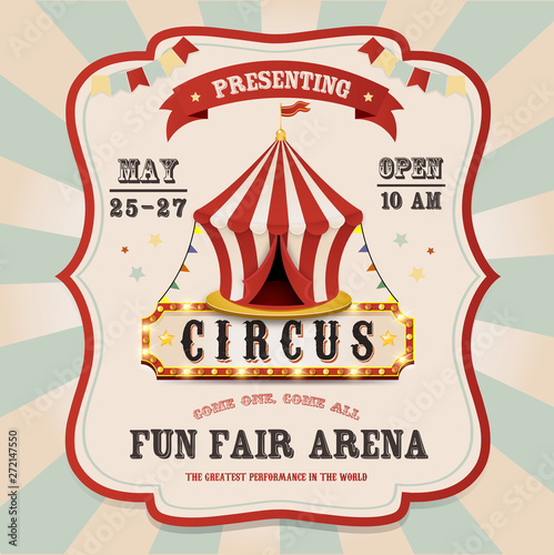 Vintage circus banner with bright bulbs. Carnival tent