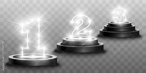 Winner background with signs of first, second and third place on a round pedestal. Vector winner podium sports symbols. 