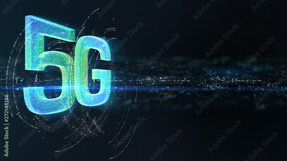 Obraz premium Futuristic holographic 5G icon digital wireless high speed fifth innovative generation for cellular network connectivity, high speed Internet broadband network and telecommunication concept