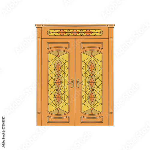 Wooden house door with carvings and glass sketch vector illustration isolated.