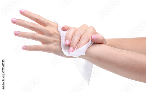 Fotografia Female hand wet wipe on white background isolation, top view