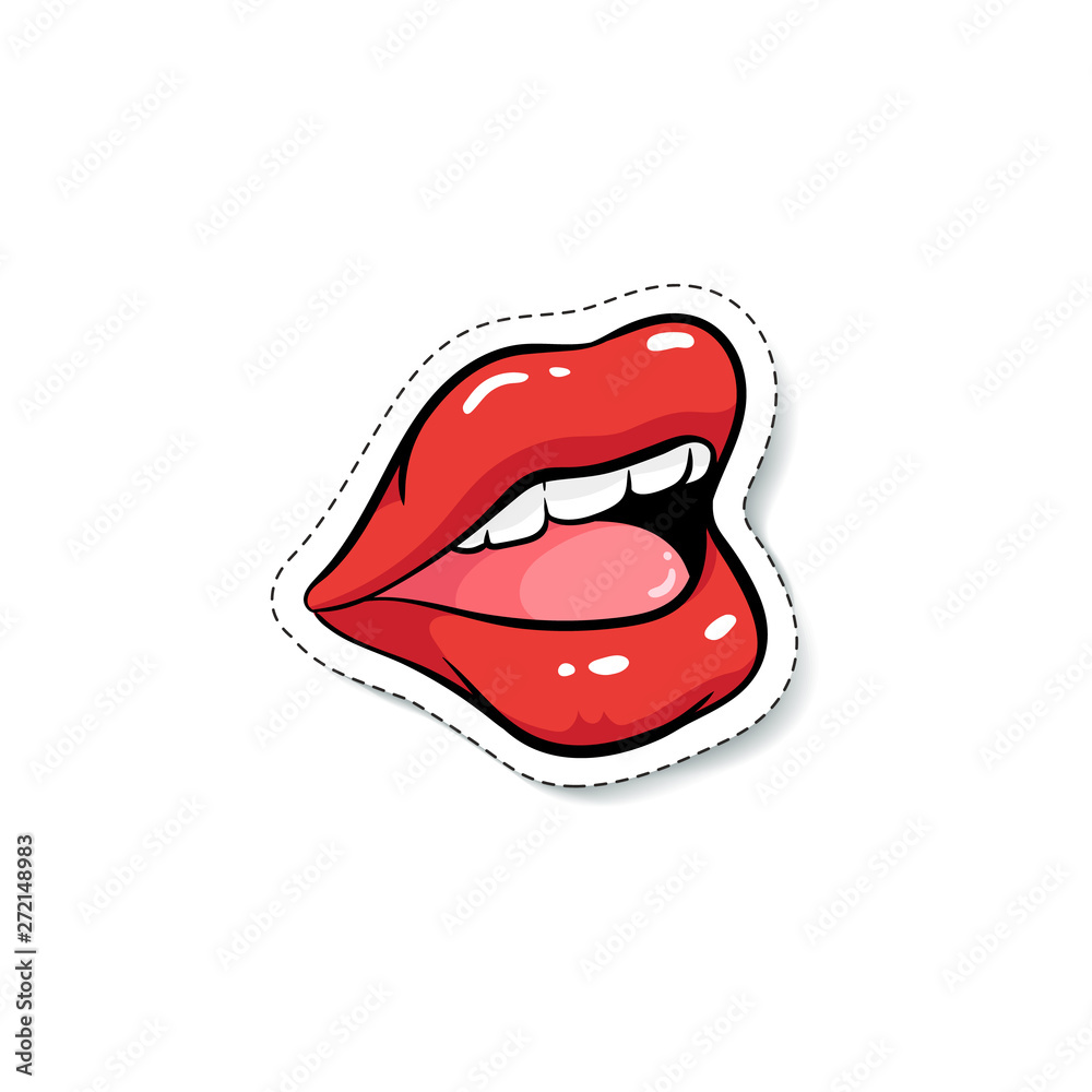 Side view of female open mouth with red makeup cartoon pop art style