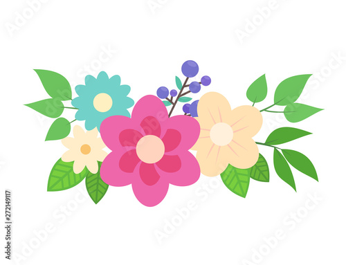 Flower composition. A bouquet of flowers, leaves, branches with blueberry. Isolated vector illustration