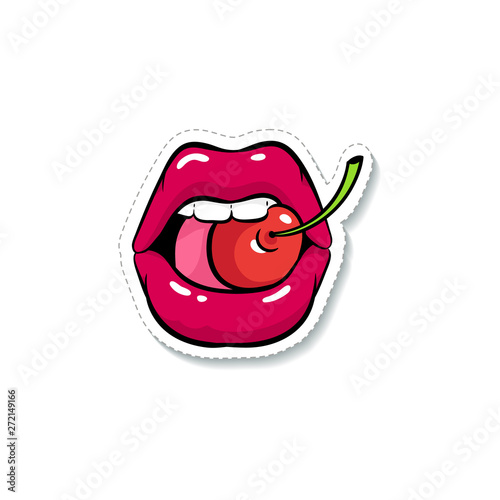 Sexy woman's mouth or lips clamps a cherry vector illustration isolated.