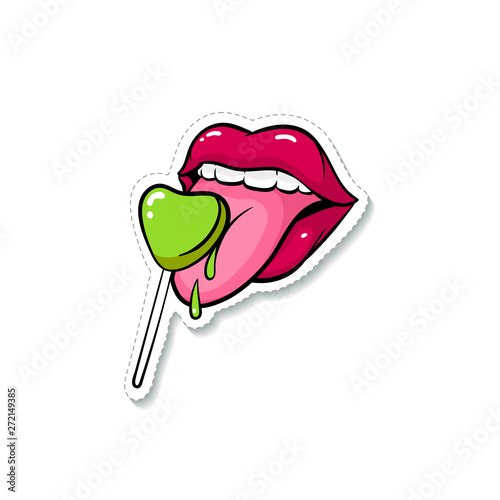 Sticker of female sexy glossy lips in red lipstick and mouth with teeth and tongue.