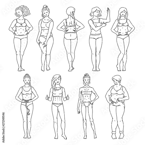 Women or girls of various body shape and weight sketch vector illustration isolated.