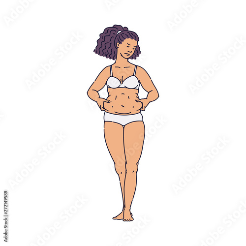 Overweight woman holding excessive belly fat vector illustration isolated.
