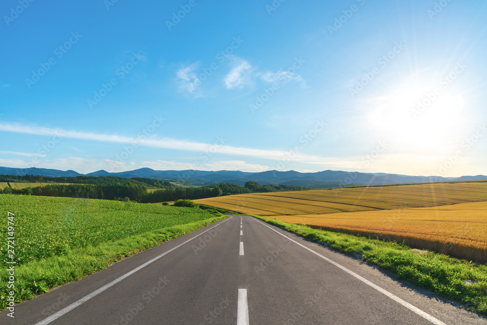 Speed highway asphalt road among the fields in bright sunrise Speed highway asphalt road among the fields in bright sunrise