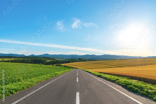 Speed highway asphalt road among the fields in bright sunrise