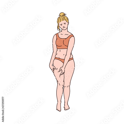 Sad girl standing in underwear clamping fat fold on hip sketch style