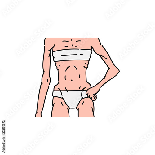 Skinny anorexic female body in underwear, bra and panties, thin and flat stomach.