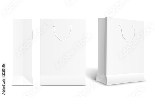 White paper shopping bag set with different angles. Front and side view of retail purchase packaging