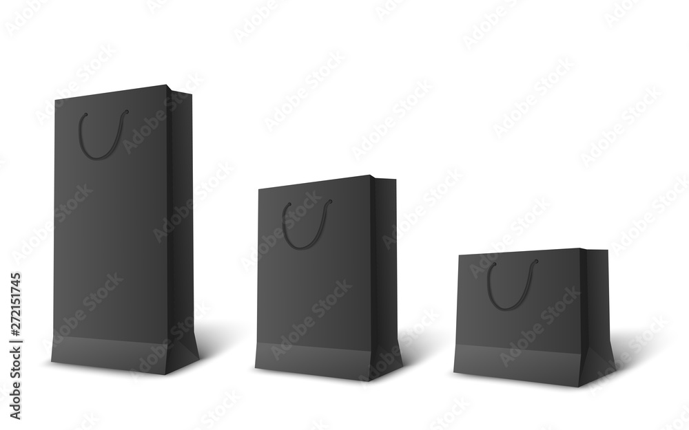 Black paper bag set in various sizes. Blank retail purchase packet mockups in long, medium and short size Black paper bag set in various sizes. Blank retail purchase packet mockups in long, medium and short size