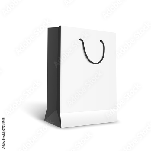 Black and white paper shopping bag mockup, realistic template of retail shopping buy symbol