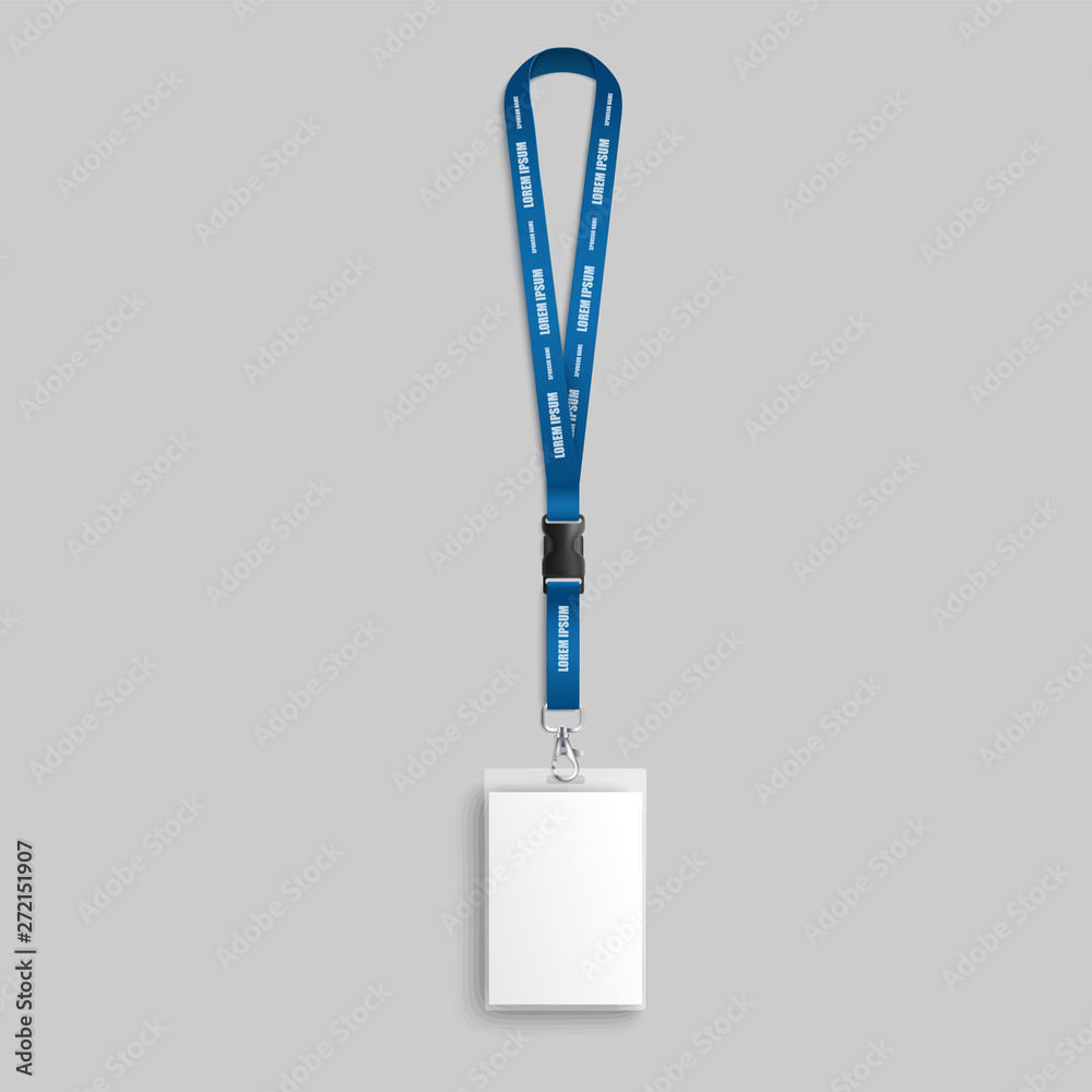 Realistic blank badge on blue lanyard with identification and pass card for name holder. - obrazy, fototapety, plakaty 