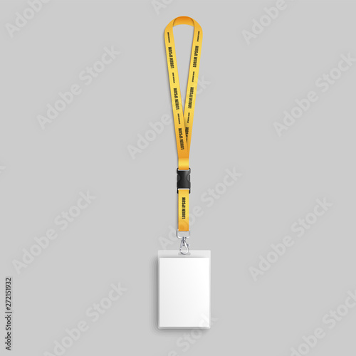 Realistic employee identification lanyard badge 3d vector illustration mockup.