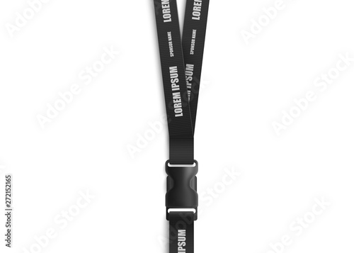 Realistic mockup of lack lanyard holder neck strap, closeup of ID badge holding rope part with plastic detachable latch and text template