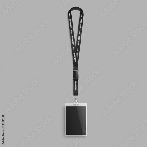 Realistic lanyard with blank ID card on black neck strap, event pass or identification badge mockup for company name