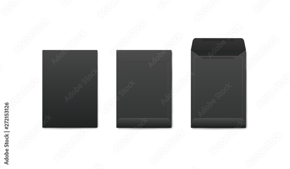 Mockups set of vertical blank open and closed black envelopes realistic style Mockups set of vertical blank open and closed black envelopes realistic style