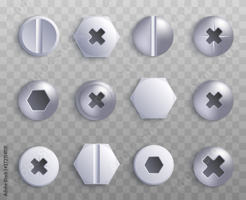 Screw and bolt top various shapes 3d vector illustration isolated on transparent.