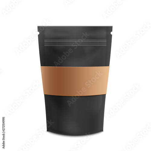 Mockup of standing blank black zip bag with brown paper label realistic style