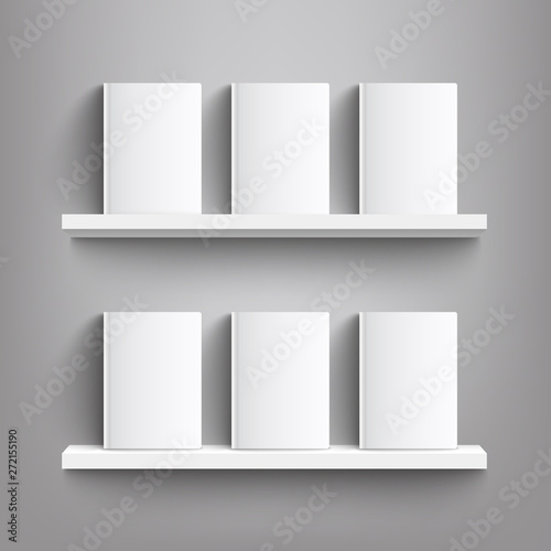 Six white books with blank covers on a bookshelf - realistic mockup of blank book covers standing on shelves