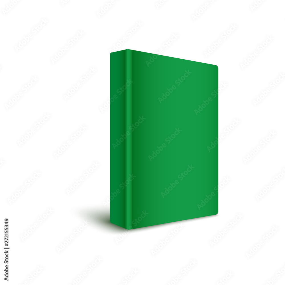 Book blank hard cover standing vertically in green color 3d realistic vector mockup illustration. Book blank hard cover standing vertically in green color 3d realistic vector mockup illustration.