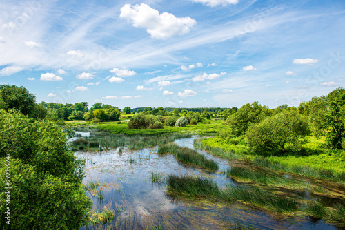countryside landscape under blue sky and dramatic white clouds