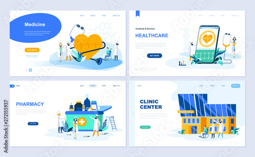 Set of landing page template for Medicine, Healthcare, Pharmacy, Clinic Center. Modern vector illustration flat concepts decorated people character for website and mobile website development.