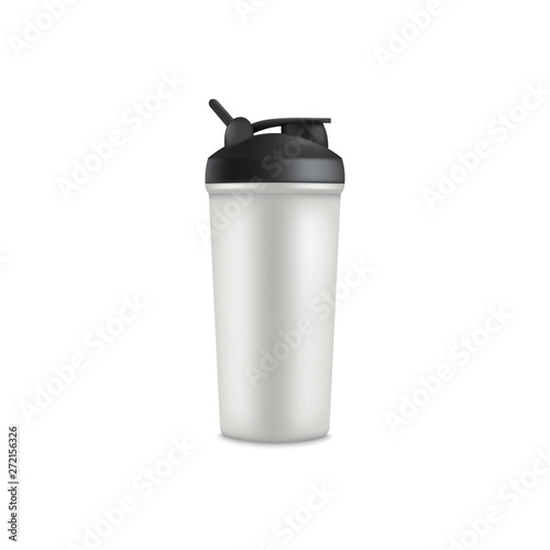 Grey sport bottle cup for protein shake. Heathy nutrition and supplement drink container