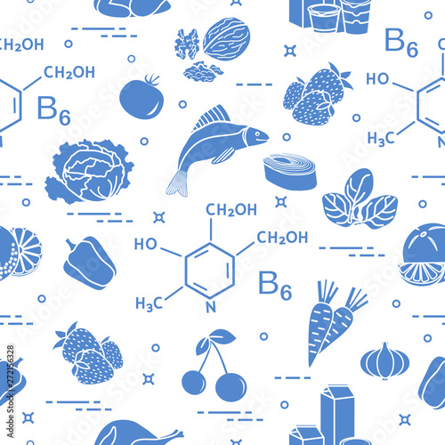 Seamless pattern with foods rich in vitamin B6.