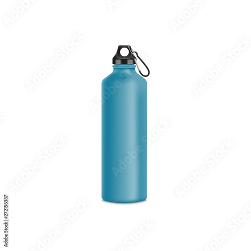 Blue metal water bottle for sport drink, blank aluminium thermo container for branding or advertising
