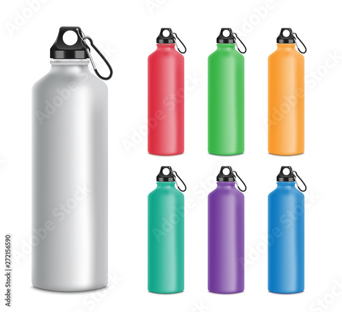 Set of sport water bottles of various colors 3d vector mockup illustration isolated.