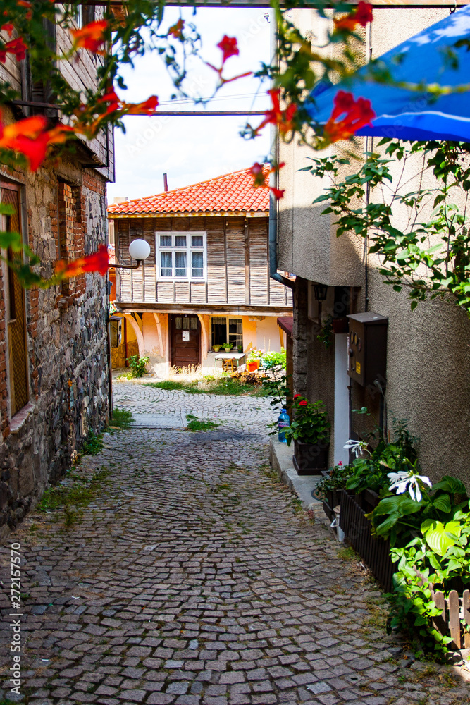 Fototapeta premium Nessebar, Bulgaria, ancient street europe, Tourists on the beautiful streets of Neseba