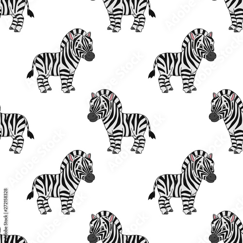 Happy zebra. Colored seamless pattern with cute cartoon character. Simple flat vector illustration isolated on white background. Design wallpaper  fabric  wrapping paper  covers  websites.