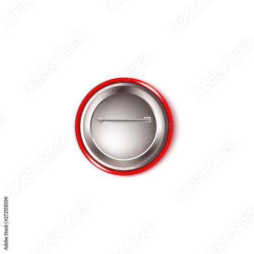 Round red button pin - back view. Realistic mockup of the backside of a plastic circle brooch with metal needle and fastening wire hook