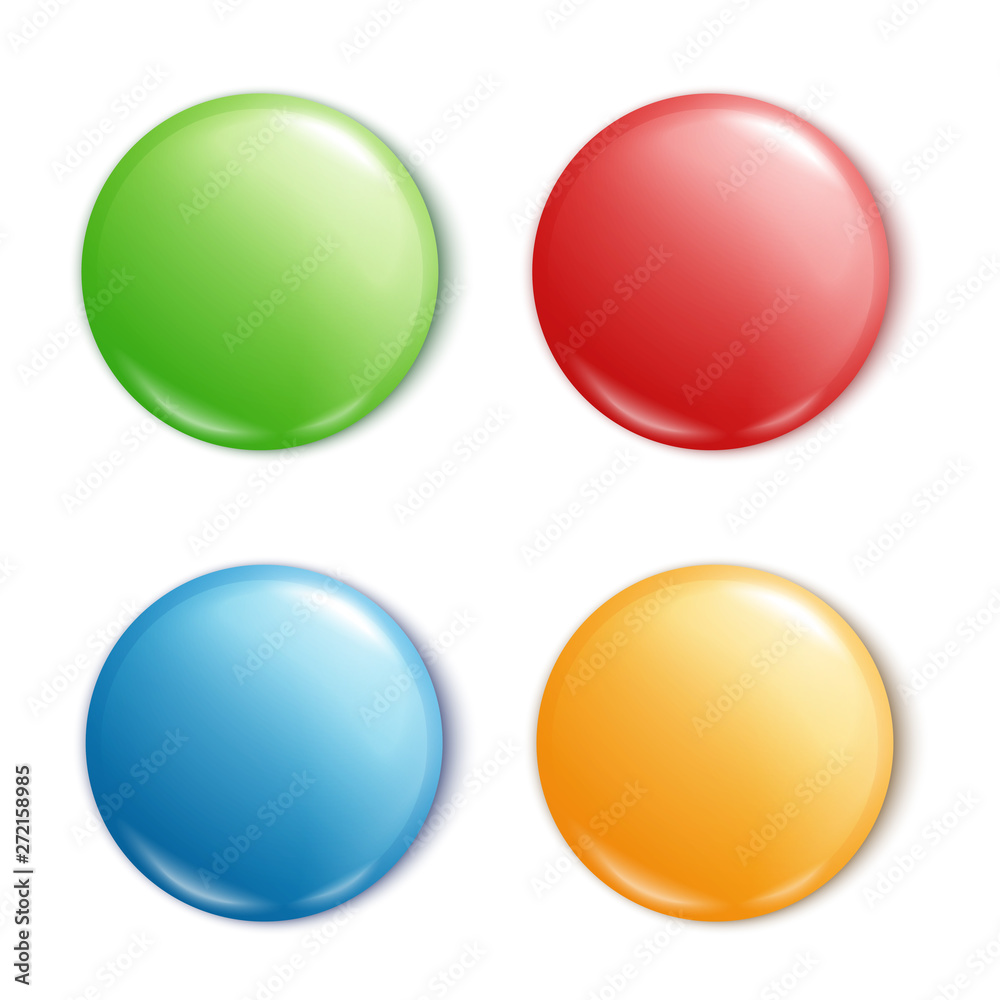 Round button pin set - blank mockup of colorful shiny circle shapes with text space in green, red, blue, yellow color