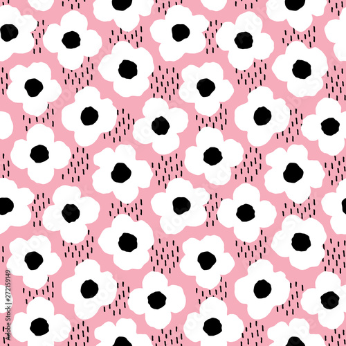 Cute seamless scandinavian style background with large white flowers on pink with hand drawn textures in black. Pretty, modern pattern for girls, birthday, textiles, gift wrapping paper, wallpapers.