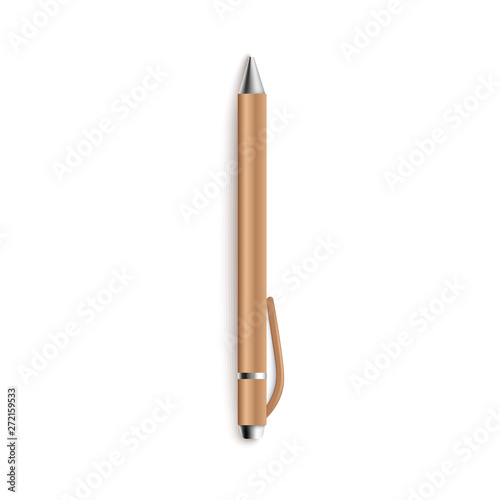 Isolated golden ballpoint pen mockup, office stationery object with realistic metallic texture