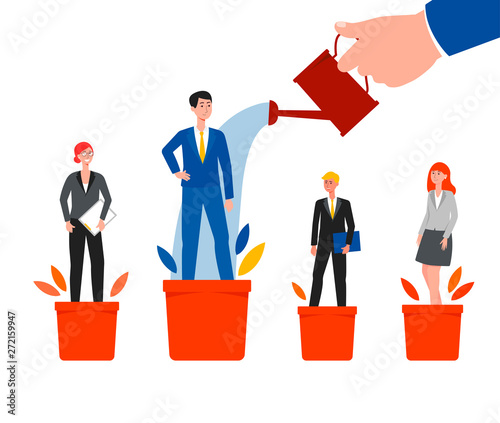 Career success and growth - cartoon business people standing on plant pots and chosen employee watered by watering can